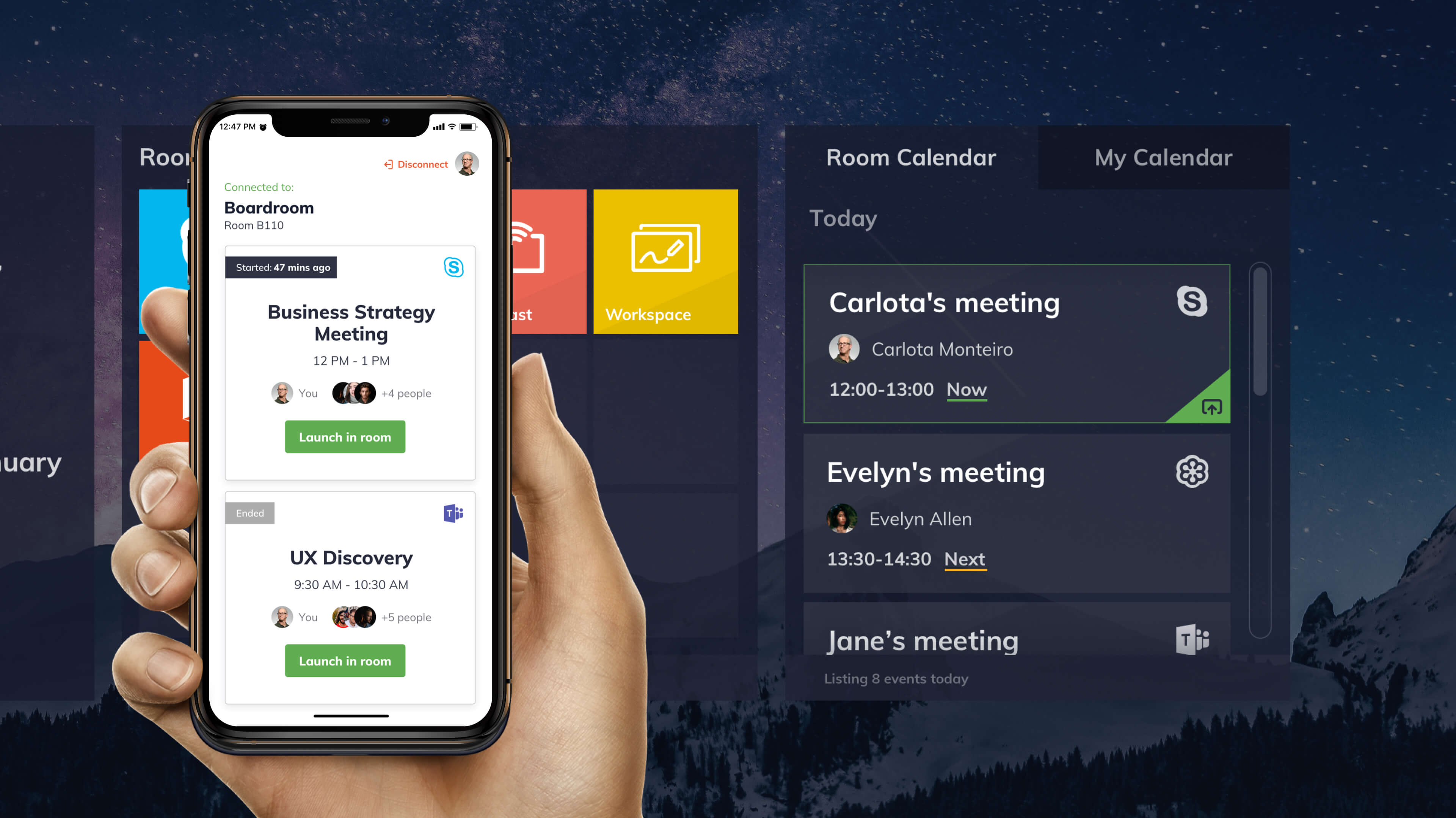 A more organized home screen for meeting room displays