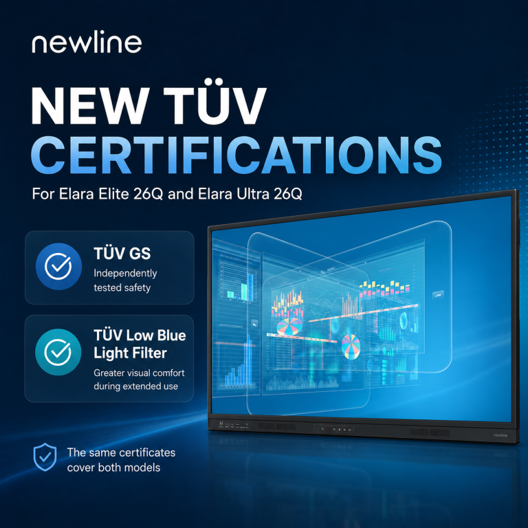 Mehr über den Artikel erfahren Newline erhält TÜV GS- und TÜV Low Blue Light Filter-Zertifizierungen für Elara Elite 26Q und Elara Ultra 26Q